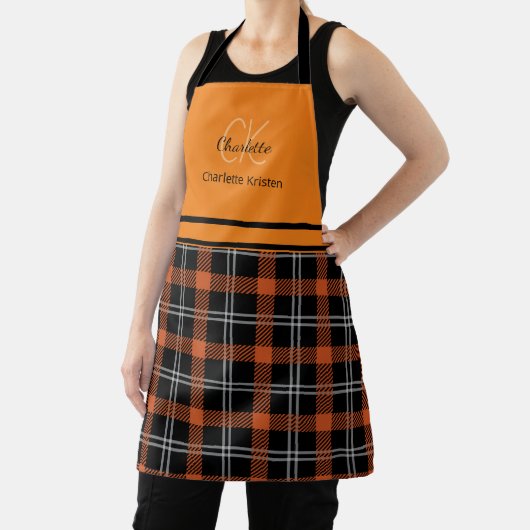 Moderne Oranje Herfst Plaid monogram naam Schort (Insitu)