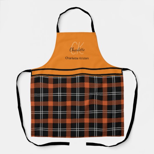 Moderne Oranje Herfst Plaid monogram naam Schort (Voorkant)