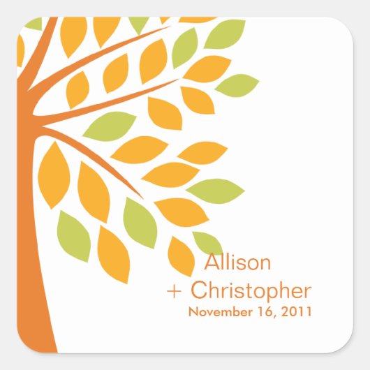Moderne Oranje Herfst Tree Bruiloft Vierkante Stic Sticker (Voorkant)