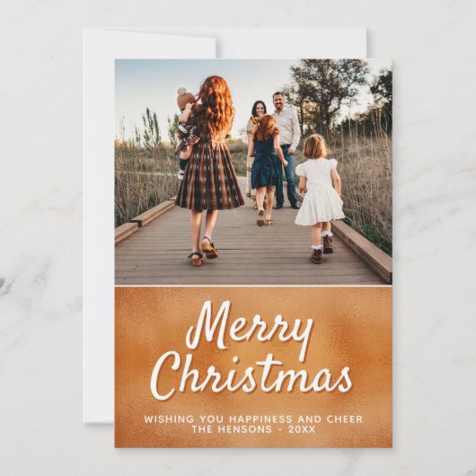 Moderne Oranje kerstfoto van metaal Feestdagenkaart (Voorkant)