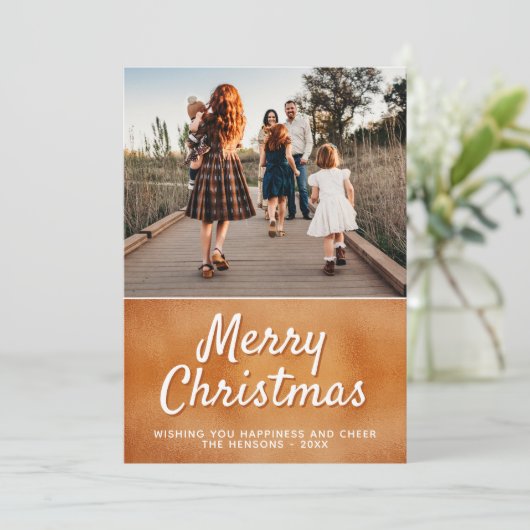 Moderne Oranje kerstfoto van metaal Feestdagenkaart (Staand voorkant)