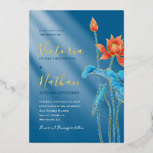 Moderne Oranje Lotus Bloem Blauwe Trouw Uitnodigin Folie Uitnodiging