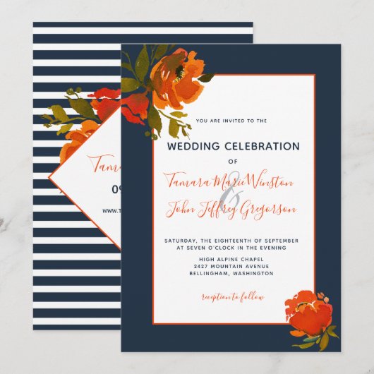 Moderne Oranje marine Floral Wedding/Event Kaart (Voorkant / Achterkant)