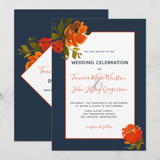 Moderne Oranje marine Floral Wedding/Event Kaart (Voorkant / Achterkant)