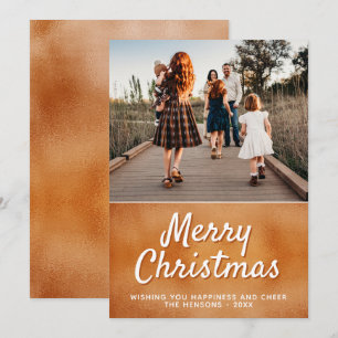 Moderne Oranje Metallic Prettig Kerstmis Foto Feestdagenkaart