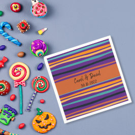 Moderne Oranje Paarse Gestreepte Halloween Bruilof Servet