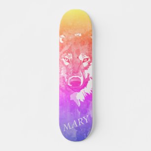 Moderne oranje paarse roze waterverf wolf persoonlijk skateboard