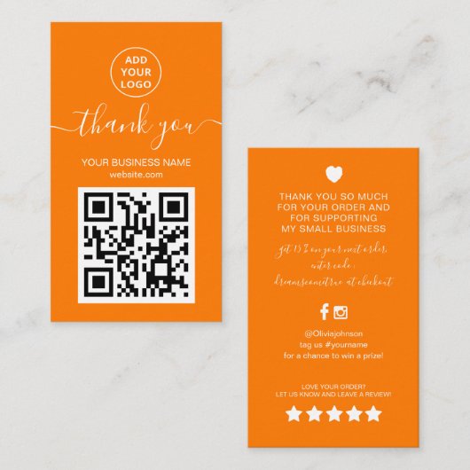 Moderne Oranje QR-codeorder bedankt Visitekaartje (Voorkant / Achterkant)