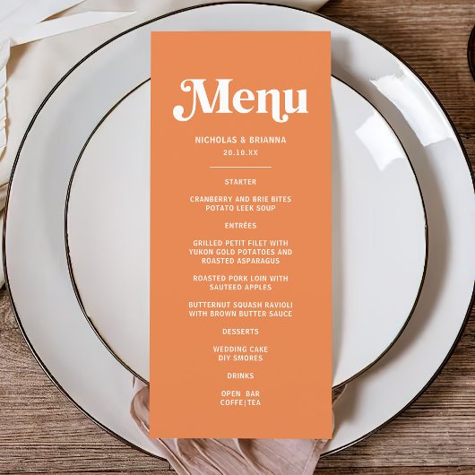 Moderne Oranje Retro Tropische Bruiloft Menu