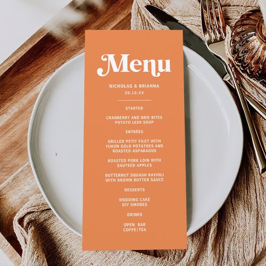 Moderne Oranje Retro Tropische Bruiloft Menu
