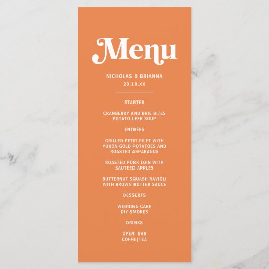 Moderne Oranje Retro Tropische Bruiloft Menu (Voorkant)