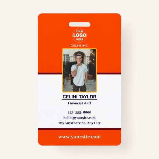 Moderne Oranje Rode ID Kaart met Foto & Logo Badge (Voorkant)