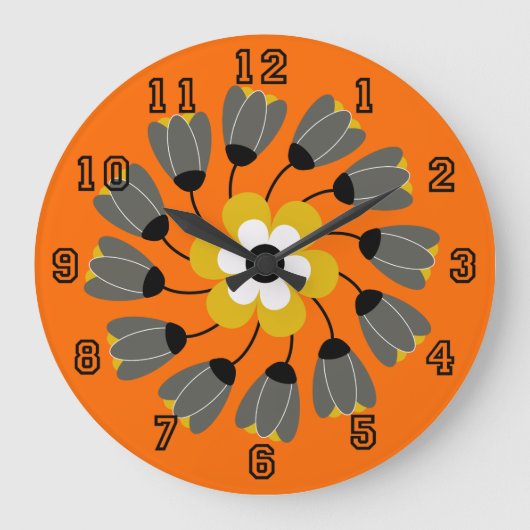 Moderne, Oranje ronde, Floral Swirl Grote Klok (Voorkant)
