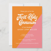 Moderne Oranje roze kleurenblok Eerste Communie Kaart (Voorkant)