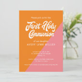 Moderne Oranje roze kleurenblok Eerste Communie Kaart (Staand voorkant)