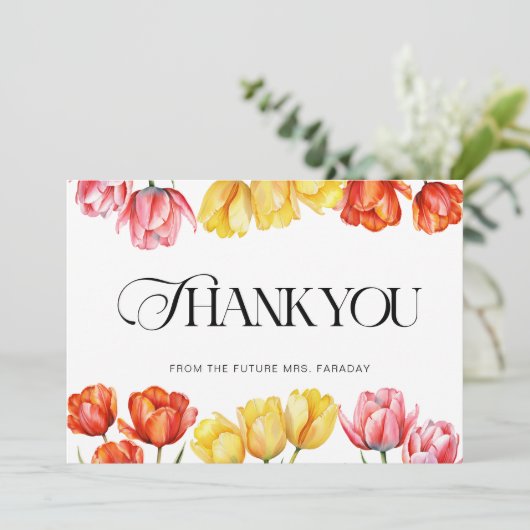 Moderne Oranje Roze Tulpen Bloemrijke Bruidsdouche Bedankkaart (Staand voorkant)