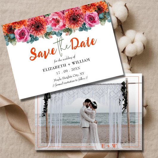 Moderne Oranje Roze Waterverf Bloemen Fotobruiloft Save The Date