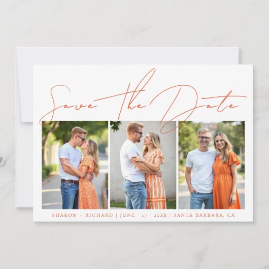 Moderne oranje script kalligrafie 3 fotocollage save the date (Voorkant)