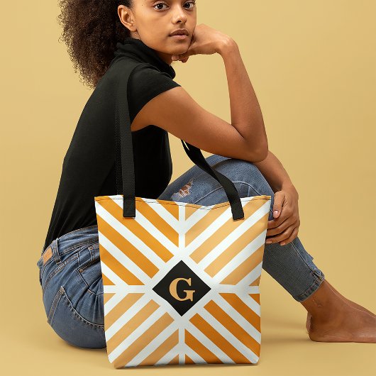 Moderne Oranje Strepen Initiaal Tote Bag