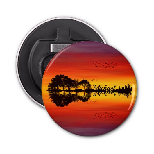 Moderne Oranje Sunset Guitarist Name Waterverf Button Flesopener (Voorkant)