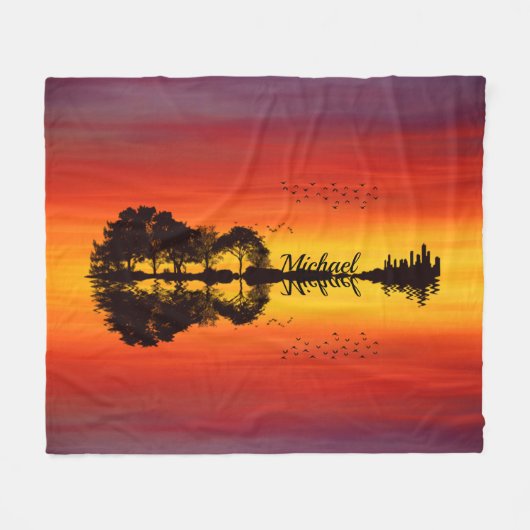 Moderne Oranje Sunset Guitarist Name Waterverf Fleece Deken (Voorkant (Horizontaal))