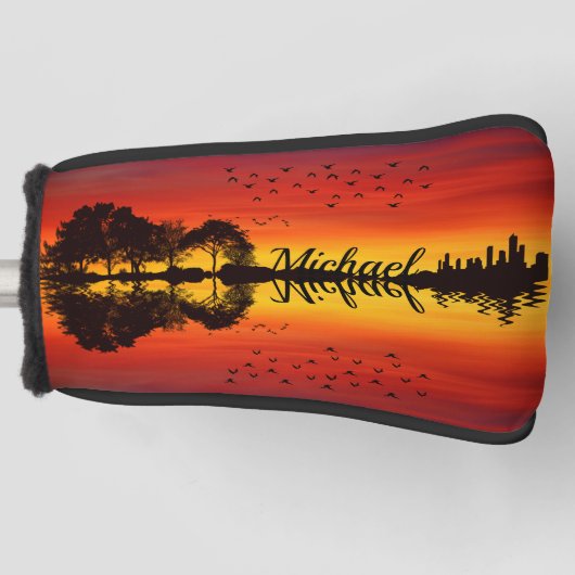 Moderne Oranje Sunset Guitarist Name Waterverf Golfheadcover (Voorkant)