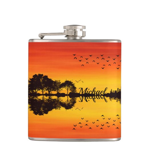 Moderne Oranje Sunset Guitarist Name Waterverf Heupfles (Voorkant)
