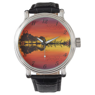 Moderne Oranje Sunset Guitarist Name Waterverf Horloge