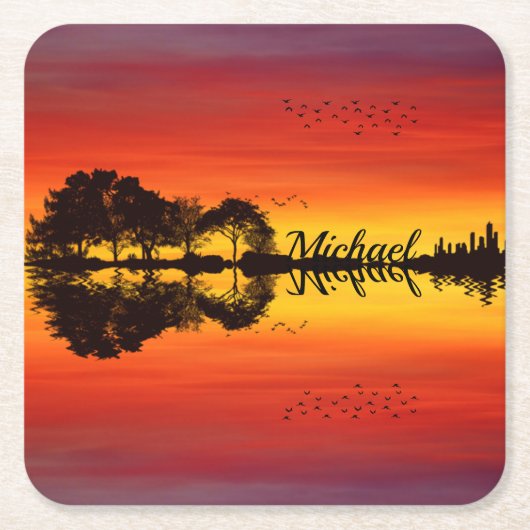 Moderne Oranje Sunset Guitarist Name Waterverf Kartonnen Onderzetters (Voorkant)