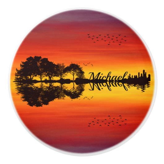 Moderne Oranje Sunset Guitarist Name Waterverf Keramische Knop (Voorkant)