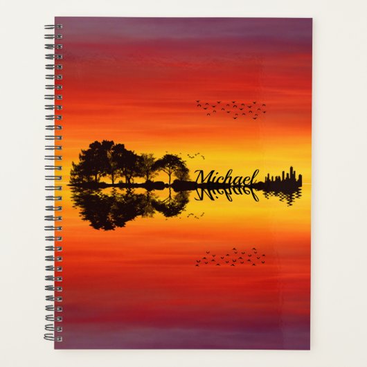 Moderne Oranje Sunset Guitarist Name Waterverf Planner (Voorkant)