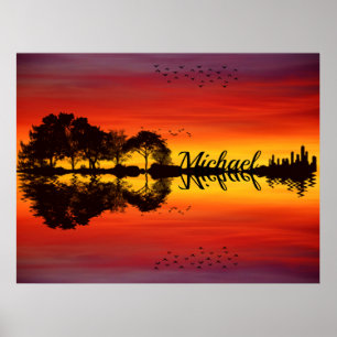 Moderne Oranje Sunset Guitarist Name Waterverf Poster