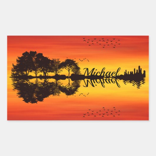 Moderne Oranje Sunset Guitarist Name Waterverf Rechthoekige Sticker (Voorkant)