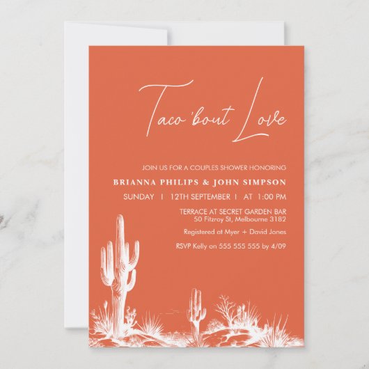 Moderne oranje taco 'Bout Love koppel bruisfeest Kaart (Voorkant)