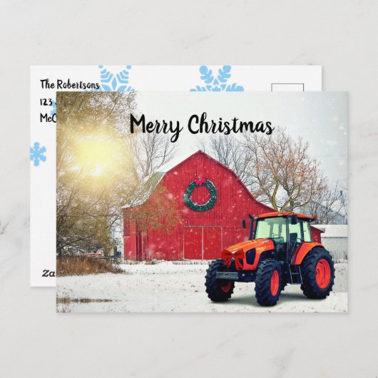  Moderne Oranje tractor in Barnyard kerst  Briefkaart (Voorkant / Achterkant)