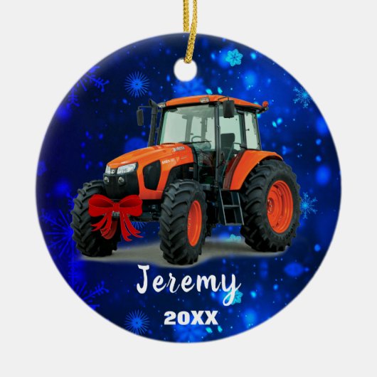 Moderne Oranje tractor "Kerstmis 20XX" Keramisch Ornament (Voorkant)