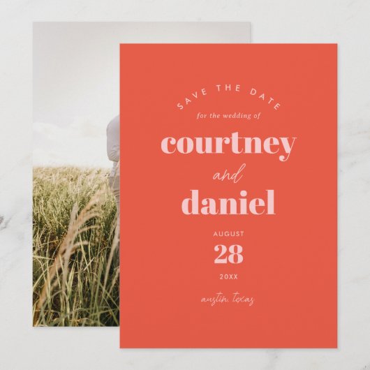 Moderne Oranje trendy foto Bewaar de datum Save The Date (Voorkant / Achterkant)