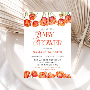 Moderne Oranje Tulpen Bloemen Baby shower Kaart