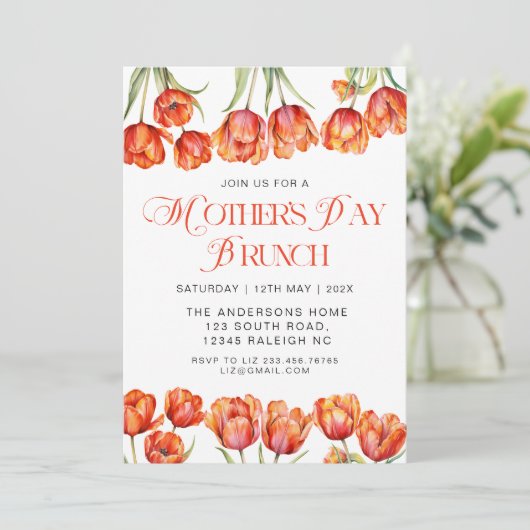 Moderne Oranje Tulpen Bloemen Moederdag Brunch Kaart (Staand voorkant)