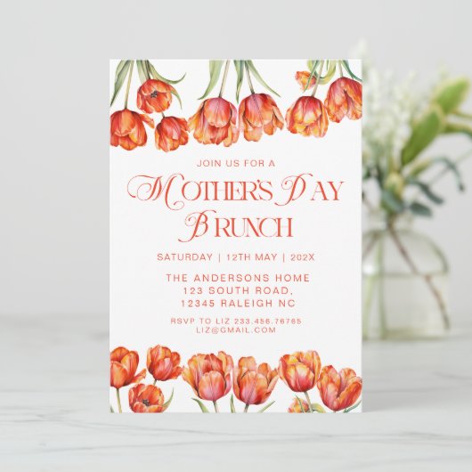 Moderne Oranje Tulpen Bloemen Moederdag Brunch Kaart (Staand voorkant)