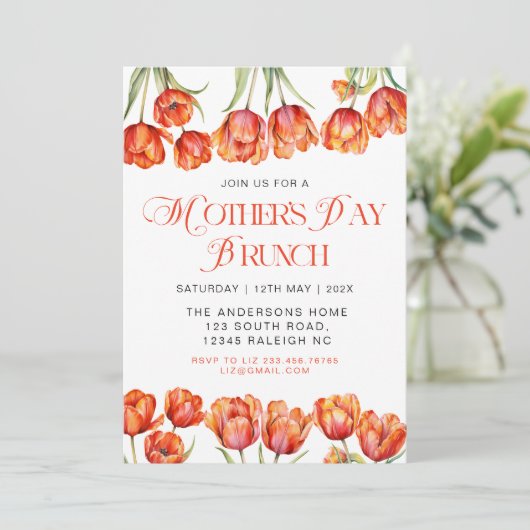 Moderne Oranje Tulpen Bloemen Moederdag Brunch Kaart (Staand voorkant)