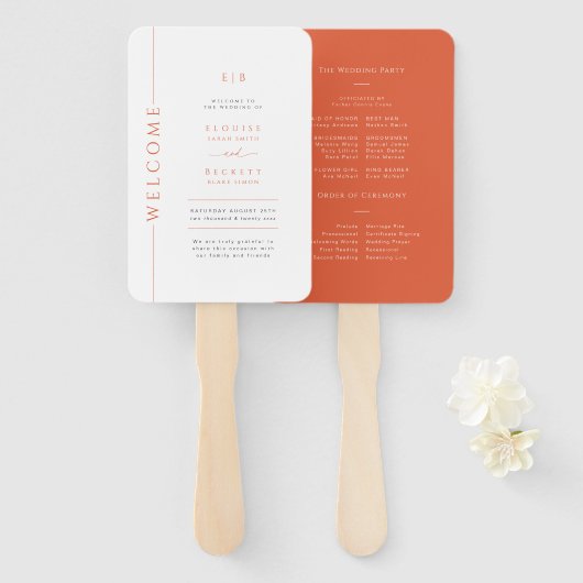 Moderne Oranje Typografie Trouwprogramma Hand Fan Handwaaier (Voorkant en achterkant)
