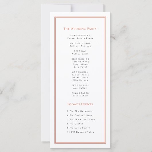 Moderne Oranje Typografie Trouwprogramma Kaart (Achterkant)