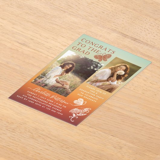 Moderne Oranje vlinder foto afstudeerfeest Acryl Uitnodigingen (Laagn)