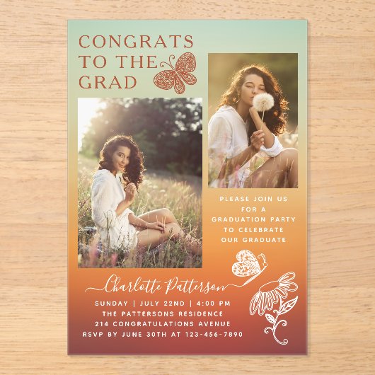 Moderne Oranje vlinder foto afstudeerfeest Acryl Uitnodigingen (Voorkant)