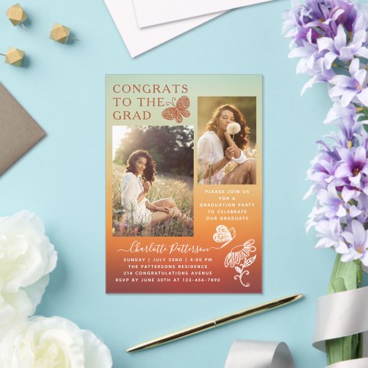 Moderne Oranje vlinder foto afstudeerfeest Acryl Uitnodigingen (Insitu (Huwelijk))