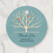 Moderne Oranje vogels in een groot boomhuwelijk Bedankjes Labels (Voorkant)