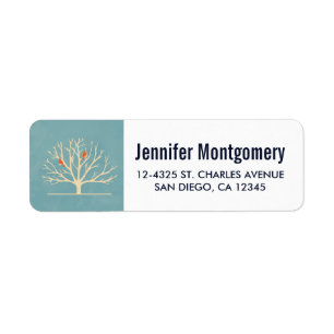 Moderne Oranje vogels in een grote - boomillustrat Etiket