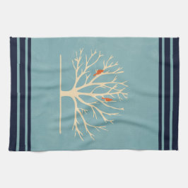 Moderne Oranje vogels in een grote - boomillustrat Theedoek