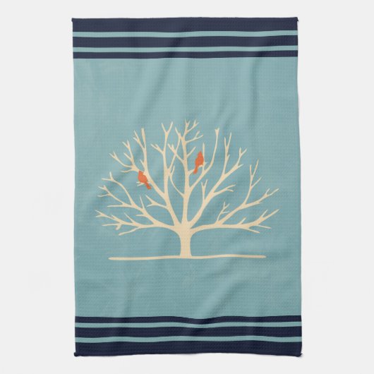 Moderne Oranje vogels in een grote - boomillustrat Theedoek (Verticaal)